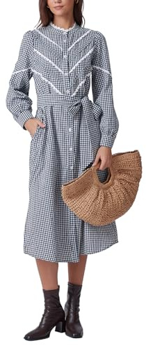Kedera Womens Casual Mock Neck Gingham Dress Long Balloon Sleeves Button Down Tie Waist Smocked Midi Dresses A-Navy