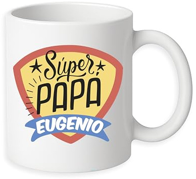 Taza de Cerámica Personalizada Super Papá con nombre personalizado, Diseño con Escudo Retro, Regalo para Papá, Material Cerámica, Blanca, 325 ml, Impresión directa sobre la taza,Apta para Lavavajillas