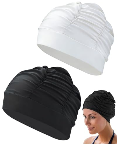 ZEXIJOW 2 Pcs Cuffia da Nuoto Unisex in Tessuto Elastico, Cuffia da Piscina Comoda per Adulti con Capelli Lunghi, Accessori per Nuoto Donna e Uomo(Bianco e nero)