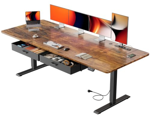 SOLAVERO Elektriskt Skrivbord 200 x 80 cm, Höj och Sänkbart Skrivbord med Integrerat Uttag & USB-C Port, Standing Desk med 2 Avtagbara Tyglådor, 2 Minnesinställningar, Vintage Brown
