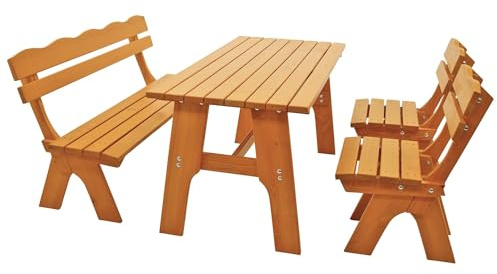 DEGAMO Gartengarnitur Freital 150cm 4-teilig, 2X Stuhl, 1x Bank 150cm 3-sitzer und 1x Tisch 72x150cm, Kiefer lackiert, Outdoor
