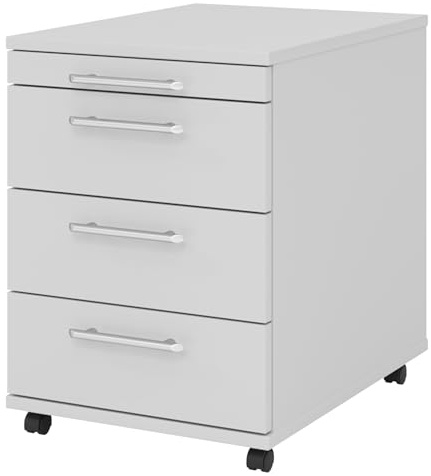bümö Basic Rollcontainer mit Schubladen, Container aus Holz in grau - Rollwagen für's Büro als Schreibtisch Unterschrank, Bürocontainer od. Schreibtischcontainer mit Relinggriffe