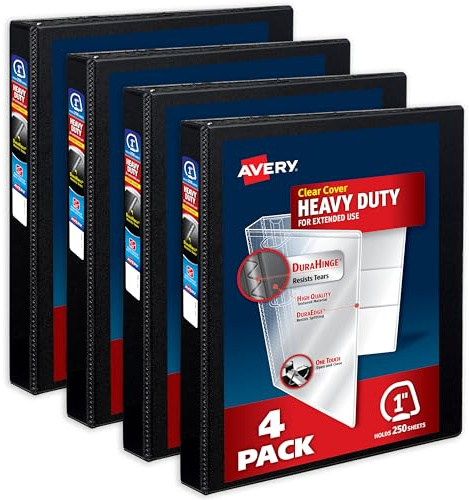 Avery Heavy-Duty View 3 Ring Binders, 1 Inch One Touch Slant Rings, DuraHinge, 1.4 Inch Wide Spine, Customizable Clear Cover and Spine, Black Binders (4-Pack of 79868)