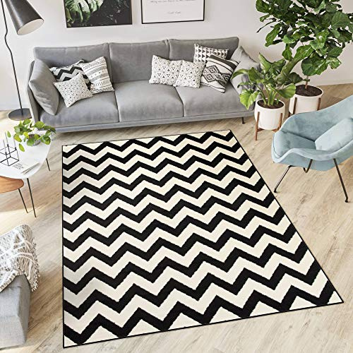 TAPISO Dream Teppich Wohnzimmer Modern Kurzflor Weiß Schwarz Geometrisch Zig Zag Streifen Gestreift Schlafzimmer ÖKOTEX 160 x 220 cm