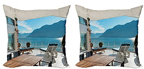 Lunarable Modern Throw Pillow Cushion Cover Pack of 2, Terrace Penthouse Overlooking Lake Outside Deckchairs Tranquil Scenery, Zippered Double-Side Digital Print Decor, 24, White Dark Blue Blue