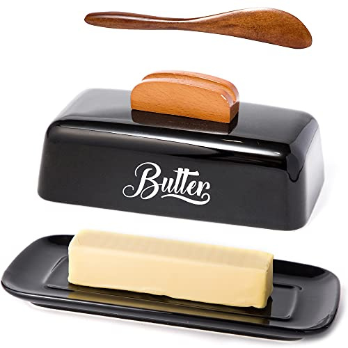 Black Butter Dish with Lid and Knife，Black Butter Tray，Ceramic Butter Holder for Counter Humanized Clamp-able Knife Handle Design Perfect for East West Coast Butter