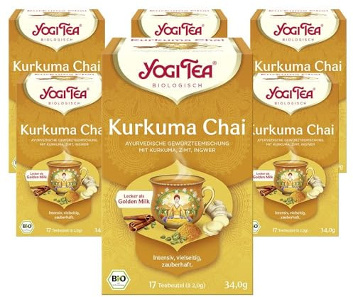 Yogi Tea Kurkuma Chai, 6x17 Beutel (102 Teebeutel) | Ayurvedischer Bio Gewürztee und Kräutertee, Ideal für Goldene Milch, Mischung aus Kurkuma, Zimt und Ingwer