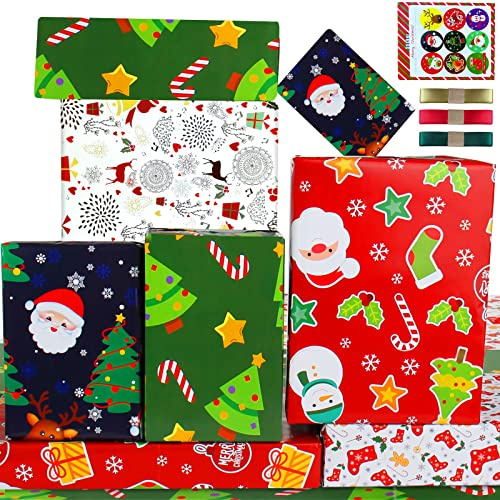 Carta Regalo Natale Bambini e Nastri,Set Carte Regalo Natalizia per Bimbi Bambino,Carta Natalizia per Regali e Rosso Blu Babbo Cervo Disegno Natale Carta da Pacchi per Incarto Regali