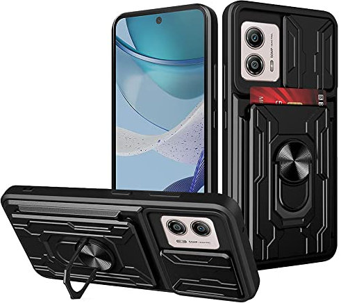 carinacoco Case for Motorola Moto G53 5G/G13/G23 4G, Anti-Scratch Shockproof Rugged Hard Armour Cover with Slide Camera Cover+Rotating Finger Ring Stand+Removable Card Holder, Black