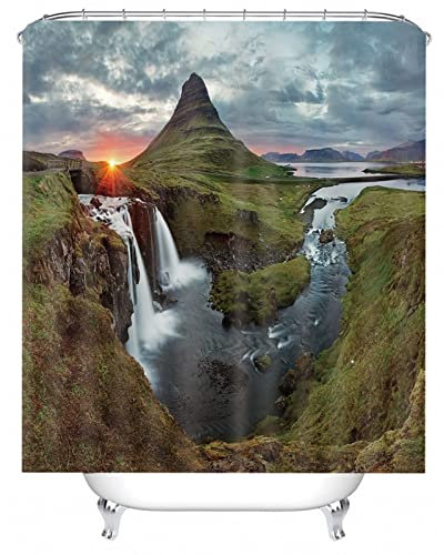 Whoiy Shower Curtains Mountains, Bath Curtain Anti Mould 120X180cm Polyester Duschvorhänge Fluss und Wasserfall Grün für Outdoor Hotel