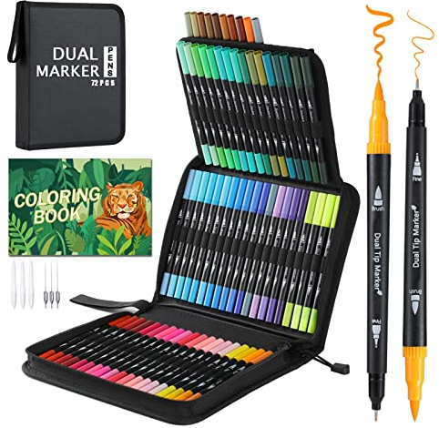 TrendGate Dual Brush Pen Set, 72 Farben Fineliner und Pinselstifte Set, Doppel Filzstifte Dicke und Dünne mit Malbücher für Handlettering, Bullet Journal, Mandalas Stifte Erwachsene