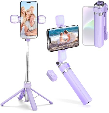 MQOUNY Mini iPhone Tripod Stand & Selfie Stick with Wireless Remote & Removable Light, Extendable Stand 360 Rotation Compatible with iPhone & Android Samsung (Purple)