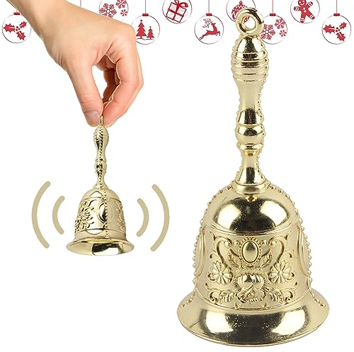 Glocke Weihnachten, ACTOYS Weihnachtsglocke, Handglocke Tischglocke Komplett aus Metall, Weihnachtsschmuck Accessoire zu Nikolauskostüm Hochzeit Abendessen Schule(Gold)