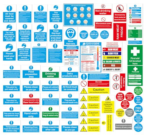 65pcs Complete Kitchen Accessories Safety Signs Sticker, Jofyulmap Kitchen Safety Signs & Sticker, Waterproof Stickers, Ensure Compliance in Commercial Kitchens