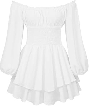 Acrawnni Damen Puffärmel Off Shoulder Shorts Romper Quadratischer Hals Geraffte A Line Flowy Swing Kleid Smocked Layered Piratenkostüm Damen (A-White, M)