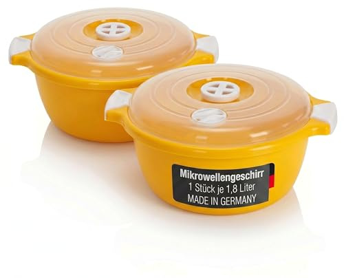 Lantelme 2 Stück Mikrowellenschüssel im Set mit 1,8 Liter mit Dampfventil in Deutschland hergestellt stapelbar spülmaschinengeeignet Kunststoff Schüssel für Mikrowelle Kühl- Gefrierschrank (Gelb)