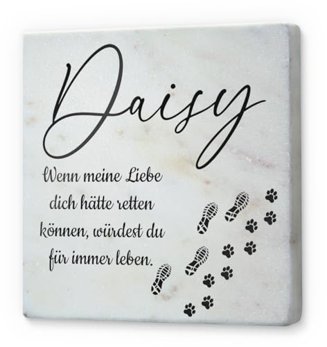 CHRISCK design Marmor Tiergrabtfafel als Andenken - individuell Bedruckte Gedenktafel mit Text und Motiv - Echter Marmorstein mit farbigem Druck für Hunde oder Katzen - Größe ca. 10x10 cm