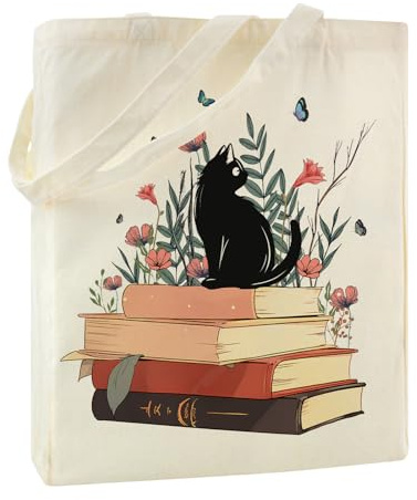 Tarklanda Borsa Tote Bag Tela Donna, Borsa Shopper Donna con Gatto e Fiore, Cotone Bag 38x42x8 cm, Regali per Amica Mamma per Compleanno, Festa Della Mamma