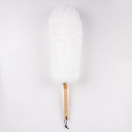 MAOFENG Microfiber Feather Duster 22in Bendable Washable Fibre Head Wooden Handle Grip For Furniture, Car And Louver, Microfiber Duster,White