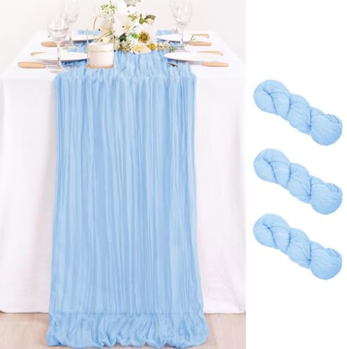 MLMC Lot de 3 chemins de table en mousseline légère bleu ciel pour décoration de douche bébé, bleu clair, 3 m de long, mousseline pour bébé, 89 x 305 cm, pour décoration de douche bébé, révélation de