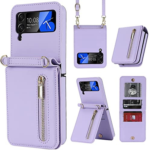ZHOZEXIN Compatible avec Samsung Galaxy Z Flip 4 Stand Étui de protection à rabat élégant en cuir, Portefeuille avec fermeture éclair, compartiment pour cartes, compartiment pour argent, pochette pour
