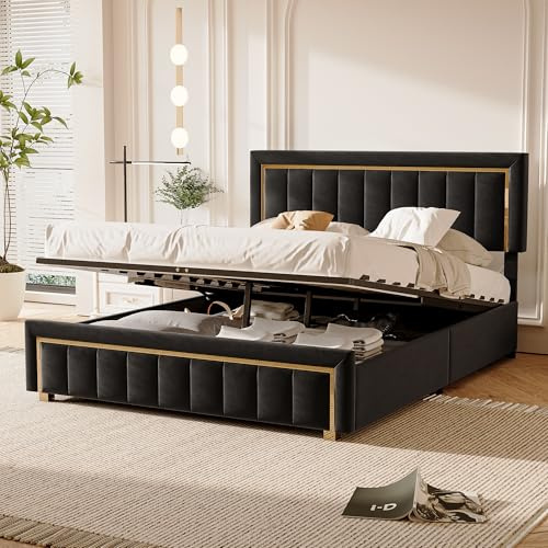 BPKADHY Polsterbett Doppelbett 160x200,Hydraulisch Stauraumbett mit Bettkasten,Bettgestell mit Kopfteil und Lattenrost aus Holz,Modern Rückenlehne Bett Funktionsbett Jugendbett,Samt,Schwarzer