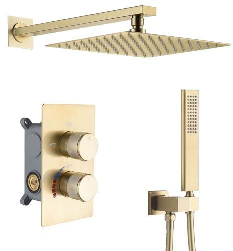 RONMX Duschsystem Unterputz, 10in/12in Gebürstetes Gold Duschset RSS0390, Quadrat Drehbarer Duschkopf aus Edelstahl 304, Handbrause aus Kupfer, Messingkörper, Duschamaturenset Regendusche