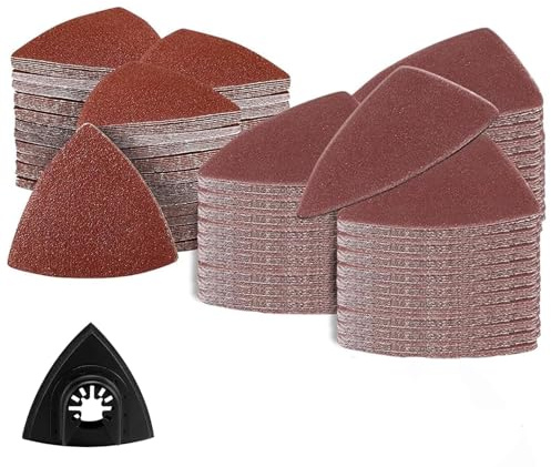 50PCS Triangle Sanding Pads Hook Oscillating Tool Detail Sanding Pads Kit Multi Tool Sanding Pad Kit 60/80/100/120/240 Grits No Holes for Wood Plaster Surfaces Polish Sanding 90 x 90 mm
