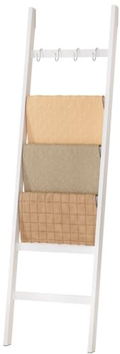 YORBAY Toallero Escalera con 6 Peldaños 2 Correas de Seguridad contra Caídas y 4 Ganchos Toallero para Baño Decorativo Escalera de bambú Escalera Decorativa (Blanco)