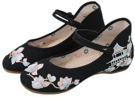 Kvinnor, traditionell kinesisk stil, broderade blommor Hanfu-skor Retro klassiska fotledsskor Cheongsam Walk Show Yogabalettskor (Färg: Svart, Storlek: 6 UK)