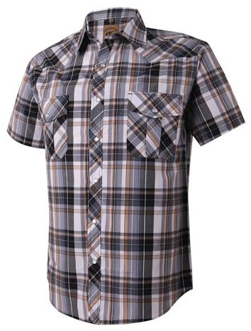 Dctop Camicia da uomo a maniche corte, casual, bottoni a pressione, tinta unita, vestibilità normale, per il tempo libero, Giallo Grigio 2#, S