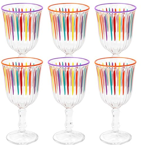 Talking Tables Lot de 6 verres à vin aux couleurs de l'arc-en-ciel à rayures pour vin, prosecco, eau, jus, cocktail, été, fête d'anniversaire, restaurant, restauration, barbecue, 240 ml