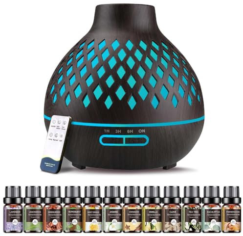 Aeshory 550ml Aroma Diffuser Mit 12 x 5ml Ätherische Öle, Ultraschall Aromatherapie Diffuser Mit Fernbedienung, 7 Farbigem LED Licht, 4 Timer, Automatische Wasserlose, Schwarz
