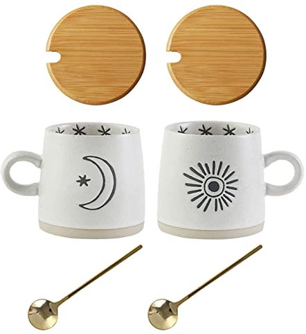 Juego de 2 tazas de café de cerámica, diseño de sol y luna, tazas de té de porcelana con tapa de bambú y cuchara, tazas de 13 onzas para té o café