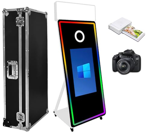 WideMeet Tragbare Kamera Spiegel Photo Booth mit 43 Zoll Touchscreen Selfie Photobooth Maschine DSLR Booth mit Flight Case für Hochzeit Party Event (Weiße Kompletter Satz)