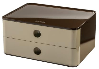 HAN Schubladenbox Allison SMART-BOX mit 2 Schubladen und Trennwand, Kabelführung, stapelbar, Utensilienbox für Büro, Schreibtisch Küche, möbelschonende Gummifüße, 1120-43, hochglänzed hellbraun