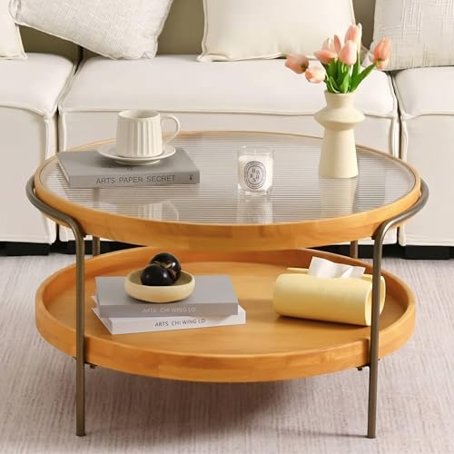 Table Basse Ronde, Table de Salon Circulaire à Deux Niveaux avec Espace de Rangement, Table Basse avec Structure en Bois et Plateau en Verre trempé, idéale comme Table Basse spacieuse pour Le Salon.
