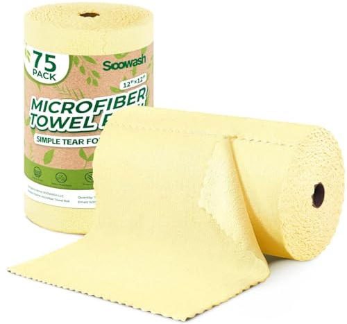 SOOWASH Mikrofasertücher Rolle, 75 Stück Mikrofaser Reinigungstücher, Abreißbare Lappen Putztücher für Auto, Küche und Haus 30x30cm(Gelb)