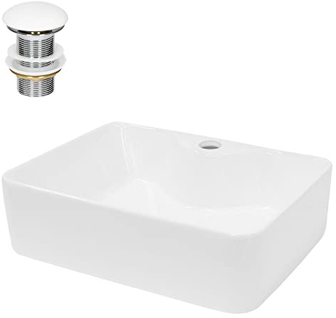 LuxeBath Waschbecken Keramik 480x380x140 mm eckig Weiß mit Ablaufgarnitur Weiß, Aufsatzwaschbecken für Badezimmer/Gäste-WC, Modernes Aufsatzbecken, Waschtisch Waschschale Waschplatz Handwaschbecken
