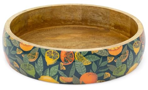 Shallow Teal Citrus Zest Wooden Fruit Bowl | Mango Wood Enamel Salad Bowl | Decorative Serving Dish - 30cm