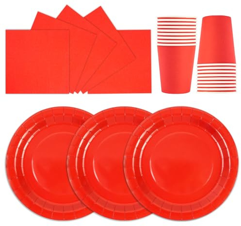 HiEnjoin 72 Stück Partygeschirr Set,Rot Papiergeschirr Set,Geburtstag Party Geschirr Becher Serviette Pappteller für Babypartys, Geburtstag, Weihnachten Geburtstagsparty Deko-24 Gäste