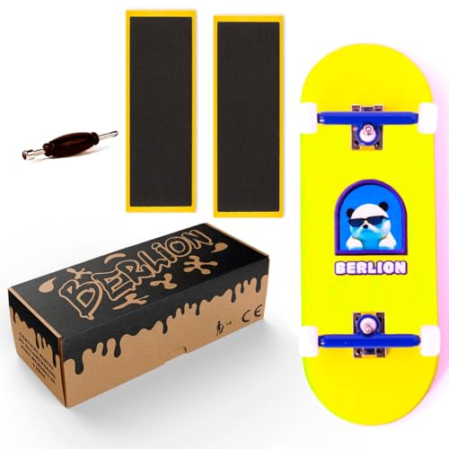 BERLION Professionelle Fingerskate aus Holz, Pro mittlere Konkavität, Mini-Skateboard, kleines Fingerboard, Schleifmittel, Werkzeug und Räder, Anti-Stress-Spielzeug (Gelb)