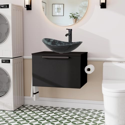 YU YUSING Ensemble de Meubles de Salle de Bain 60cm avec Lavabo, Armoire de Rangement avec Porte-Serviettes, Meuble sous Lavabo, Vasque, Ensemble Robinets (Gris Foncé)