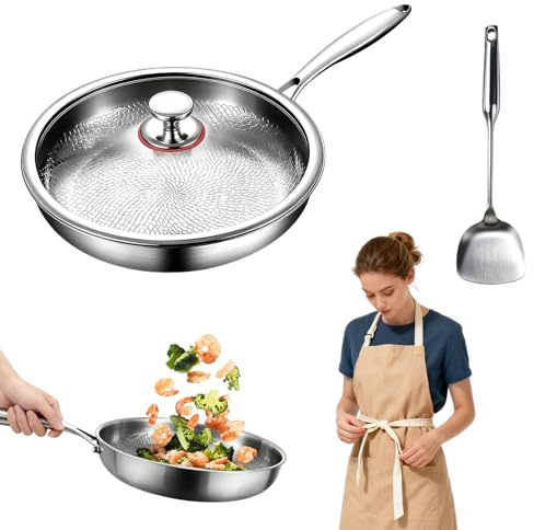 Sartén de titanio puro,24cm sarten titanio patrón martillado para cocinar | resistente a los arañazos, antiadherente, sartén martillada con tapa, compatible con todas las placas