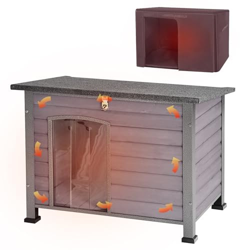 Aivituvin Hundehaus Indoor Outdoor Holz Hundekennel für den Winter, wetterfest, geeignet für kleine, mittlere und große Hunde, einzigartiges Ganzumfassung Stahlrahmen (Grau, L mit isolierter)