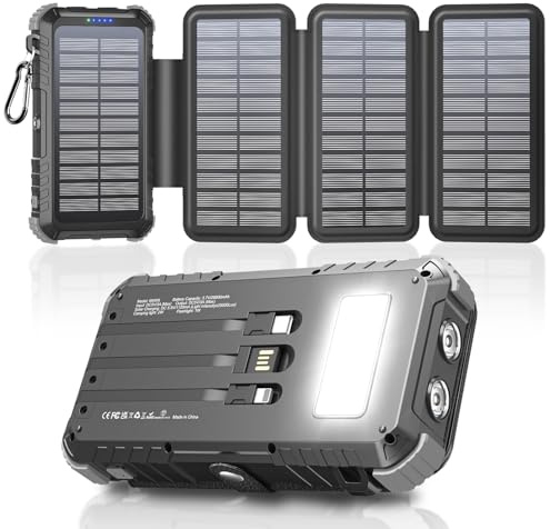 Cargador Solar de 26800mAh con 4 Paneles Solares, USB C 15 W Carga Rápida, 5 Salidas y 3 Cables, Power Bank Solar para Exteriores con Mosquetón y Linternas para Camping, Teléfonos y Tabletas