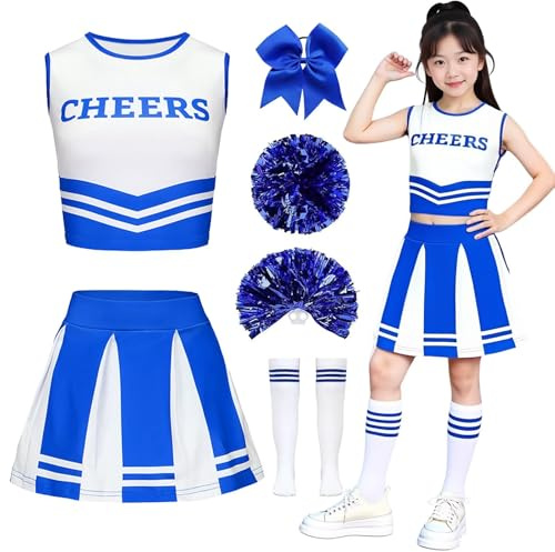 XFOZDM Disfraz de animadora para niños y niñas, vestido de carnaval con pompones y calcetines, goma para el pelo, uniforme de animadora para disfraces de carnaval, Halloween, carnaval, color azul-150