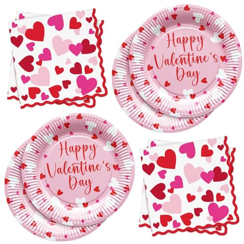 BFB Assiettes en papier Saint-Valentin Assiette carton, Serviettes de fête pour 20 personnes