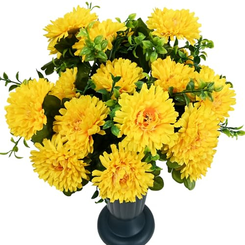 4pcs Artificial Flowers for Graves, Fake Grave Flowers Outdoor, Yellow | Faux Chrysanthemums, Silk flowers, Grave Ornaments, Funeral, Graveside, artificial plants outdoor, 20 Blooms, No Pots