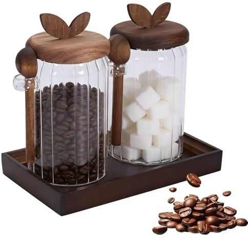 Punorric 2 Pack Coffee Jar with Tray - 900ml Airtight Coffee Bean Storage, Glass Kitchen Canisters with Wooden Lid & Spoon, Storage Jar for Tea,Cafe,Spices, Tea Caddy & Coffee Bar Accessories
